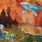 A child stands in the foreground looking at a whale floating in a red sky, trees can bee seen in the mid-ground.
