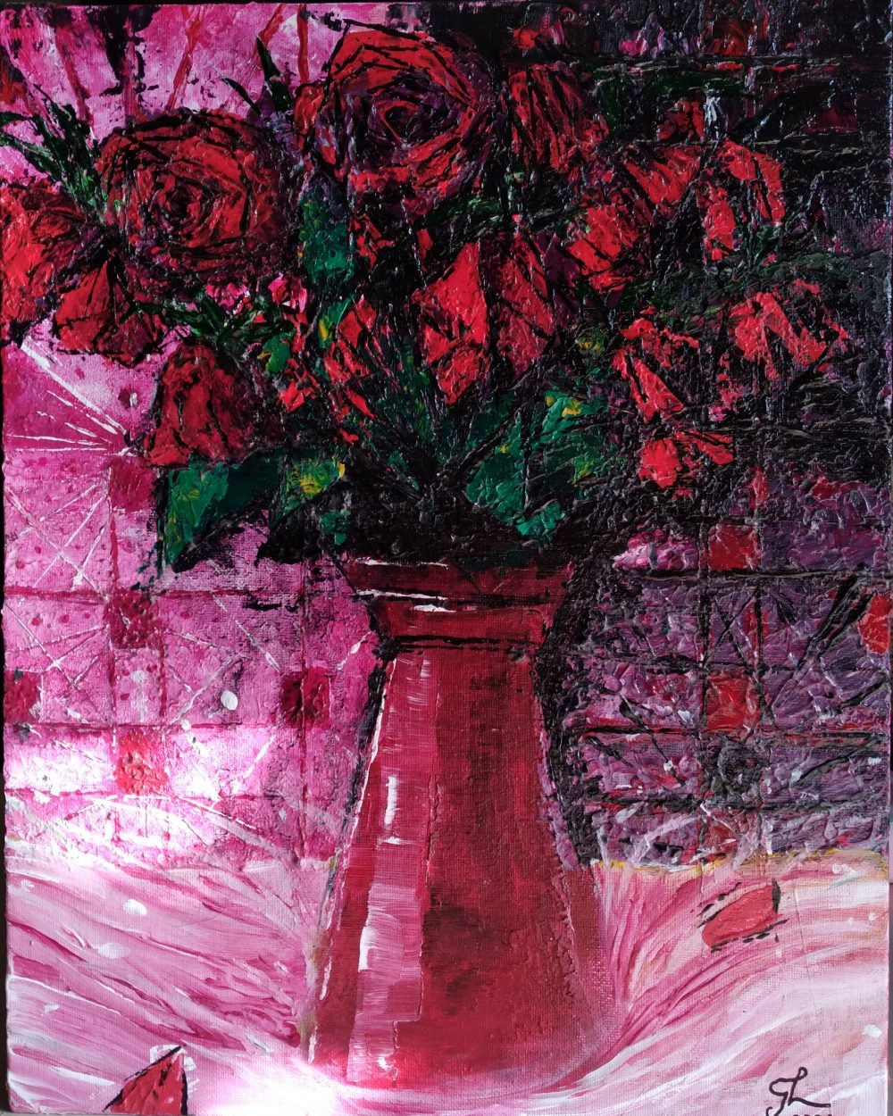 A bouquet of red roses in a red vase, upon a white, pink, and red silky liquid substance that appears to be splashing beneath it. The background appears tiled/grid-like in reds and pinks on the left side, and shaded in dark blacks and purples on the right side.