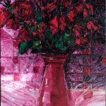 A bouquet of red roses in a red vase, upon a white, pink, and red silky liquid substance that appears to be splashing beneath it. The background appears tiled/grid-like in reds and pinks on the left side, and shaded in dark blacks and purples on the right side.