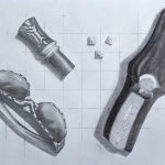 A black and white pencil rendering of a pocket knife, a set of dice, a animal caller and woodland printed sunglasses.