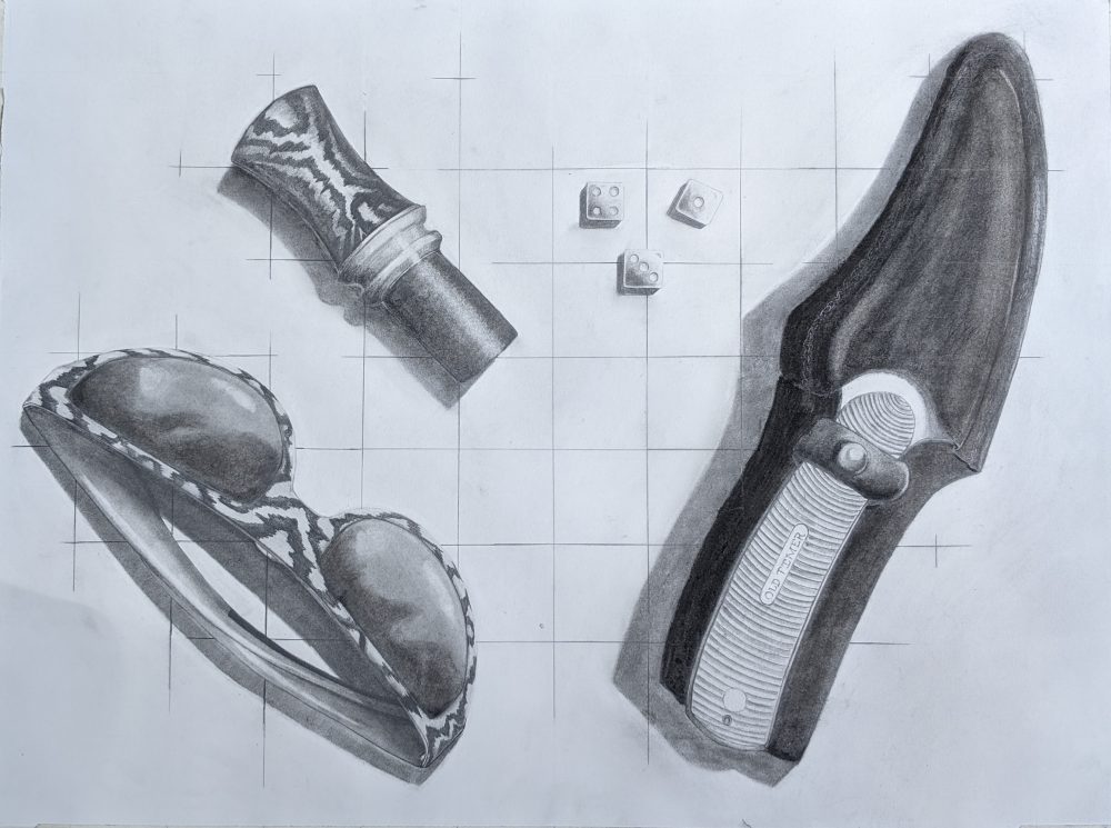 A black and white pencil rendering of a pocket knife, a set of dice, a animal caller and woodland printed sunglasses.
