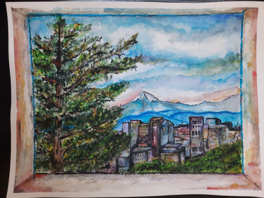 A watercolor painting of a view from a window.