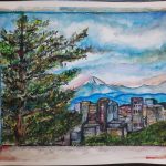 A watercolor painting of a view from a window.