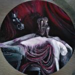 A painting of a woman lying on her back with her arms and head dangling from the bed (as if having fainted) as a creature crouches on her chest in a hunched position; while the background consists of dark shadowed red curtains, with the head of a horse-like apparition peeking through.