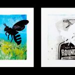 In the first image, a large silhouetted bee hovers in the foreground of a green meadow and blue sky; in the second image, the bee's empty silhouette is visible alongside a representation of a bottle of Roundup weed killer.