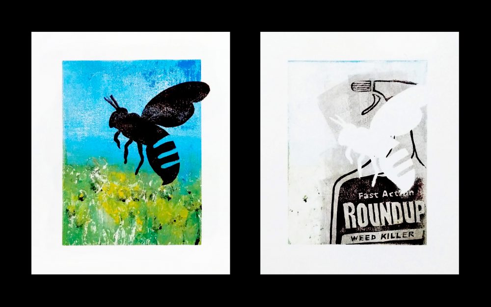 In the first image, a large silhouetted bee hovers in the foreground of a green meadow and blue sky; in the second image, the bee's empty silhouette is visible alongside a representation of a bottle of Roundup weed killer.