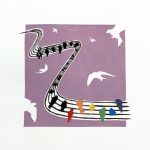 A musical staff drifts ribbon-like across a lavendar background. In place of traditional music notes, the staff is populated with rainbow-colored birds sitting on the staff's "wires".