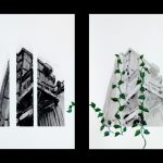 In the first image, a loose rendering of an industrial structure appears, with a small hint of foliage beginning to infringe upon it from the right; the same structure appears again in the second image, this time faded, with increasing quantities of foliage overtaking it.