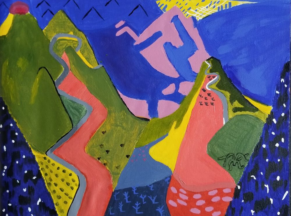 Imitation painting of David Hockney's painting of a road in Santa Monica.