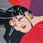 A woman with colorful background painted with acrylics.