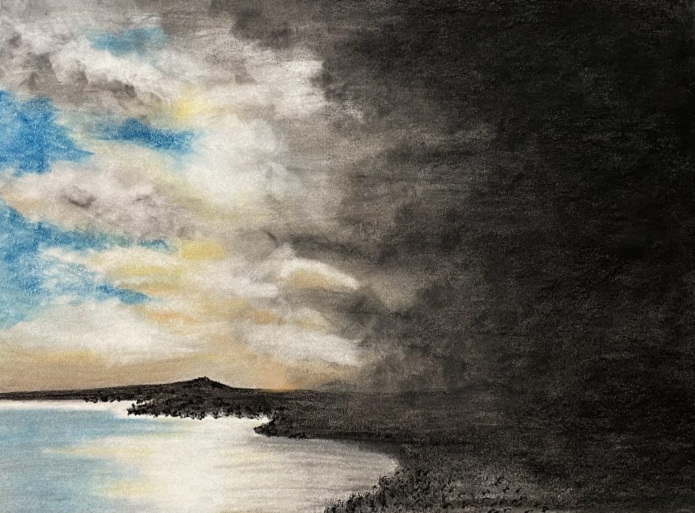 Landscape drawing with a body of water on the left and blue sky, next to darker clouds on the right.