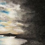 Landscape drawing with a body of water on the left and blue sky, next to darker clouds on the right.