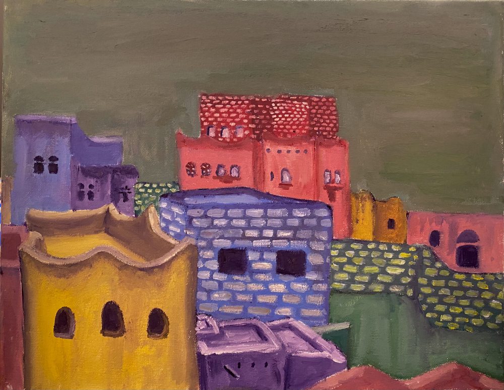 Bright pink and purple buildings.