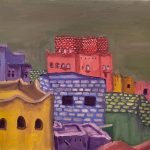 Bright pink and purple buildings.