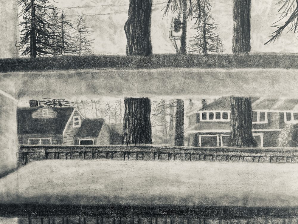 A drawing in black and white of houses and trees seen through window shutters.