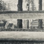 A drawing in black and white of houses and trees seen through window shutters.