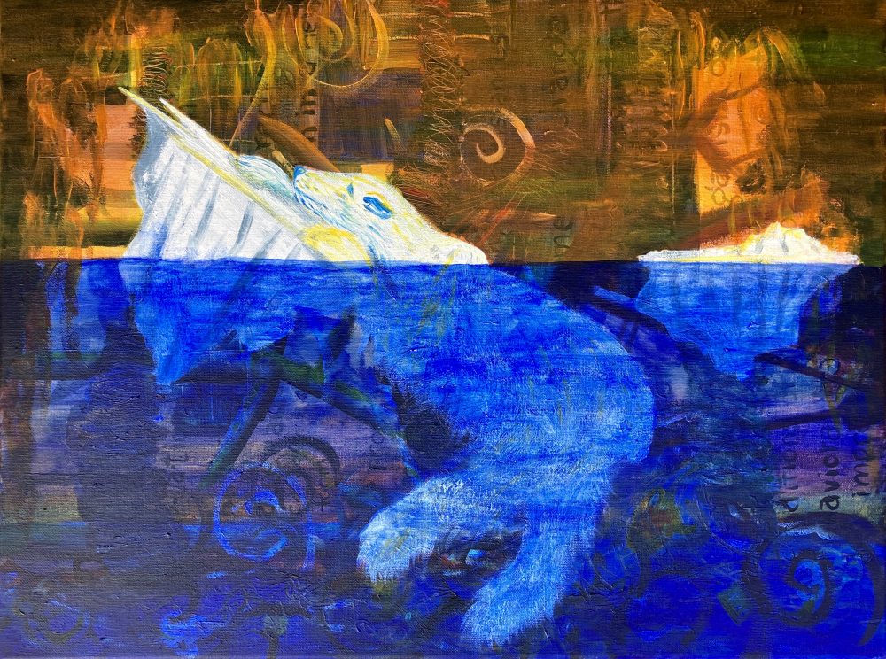 A painting that is bisected with the top half orange and the bottom half blue. A polar bear holding on to a chunk of ice in the foreground and layers of other images in the background.