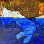 A painting that is bisected with the top half orange and the bottom half blue. A polar bear holding on to a chunk of ice in the foreground and layers of other images in the background.