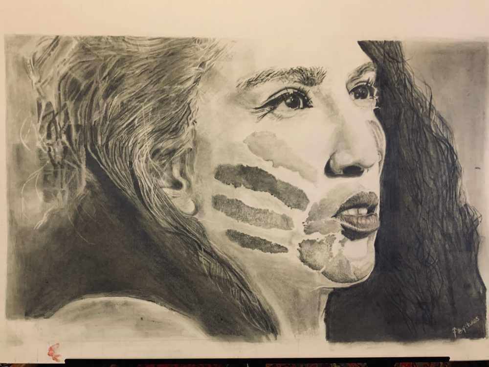 Portrait of a woman looking to the side with lines painted on her face.