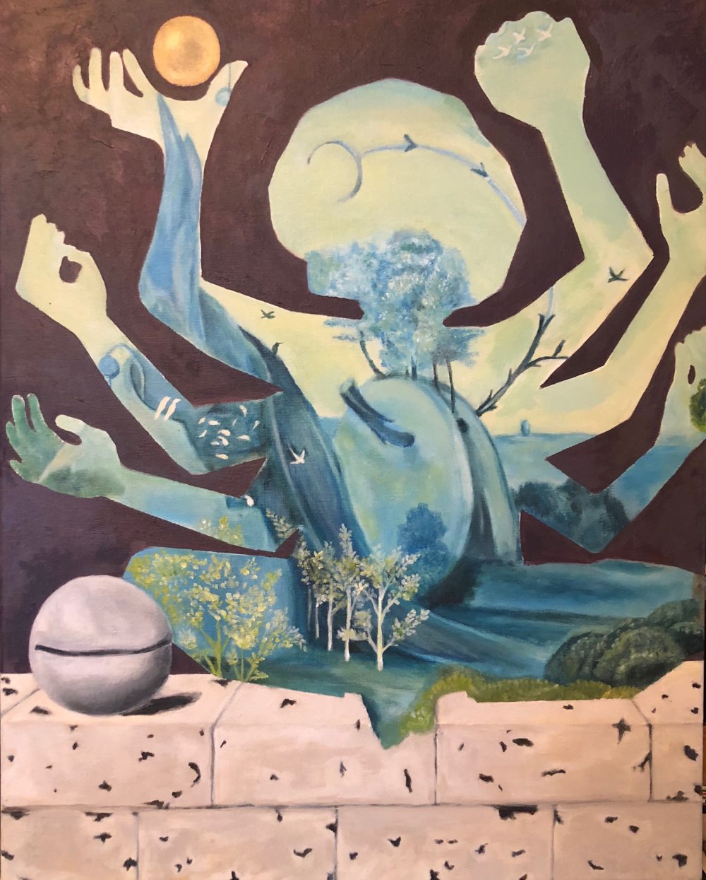 Cut out of a Hindu inspired figure version of Angela Davis meditating upon a wall made up of the garden of earthly delights by Hieronymus Bosch and the voice of space spherical bell to their side.