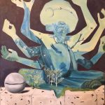 Cut out of a Hindu inspired figure version of Angela Davis meditating upon a wall made up of the garden of earthly delights by Hieronymus Bosch and the voice of space spherical bell to their side.