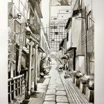 A picture of a peaceful alley inside a bustling city with eateries and cafes.