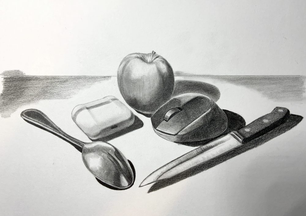A black and white drawing of what is on my desk.