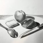 A black and white drawing of what is on my desk.