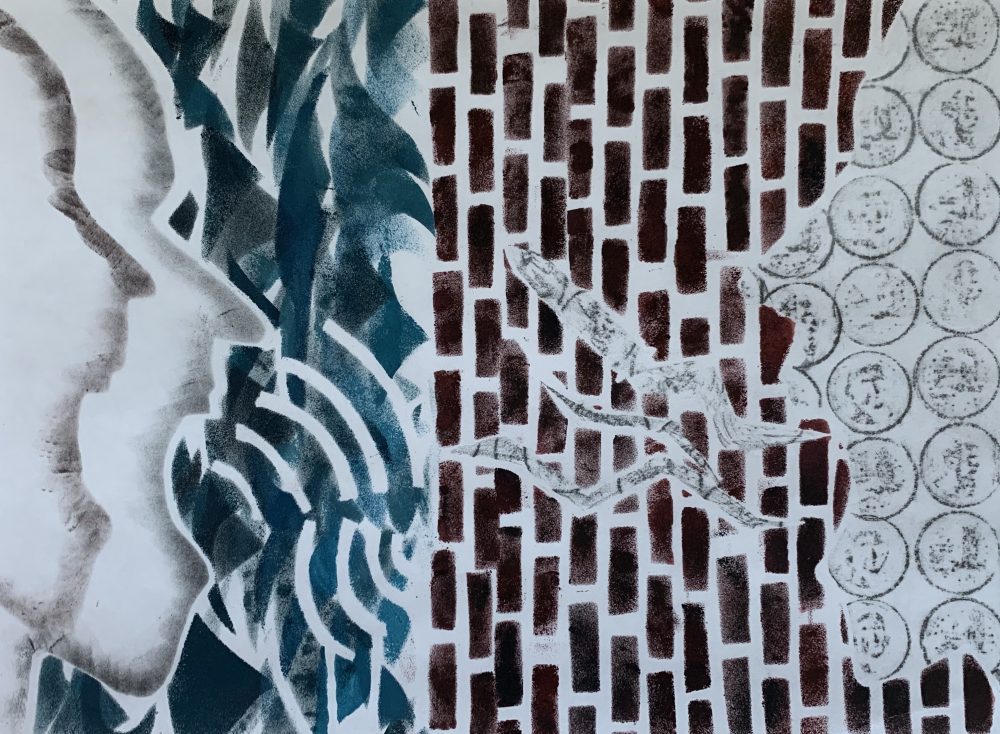 Left side of image shows shadowed faces speaking into blue waves, sound waves reflecting back off of a brick wall. On the right side of the wall a face made from coins shouts back through the bricks.