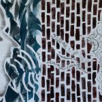 Left side of image shows shadowed faces speaking into blue waves, sound waves reflecting back off of a brick wall. On the right side of the wall a face made from coins shouts back through the bricks.