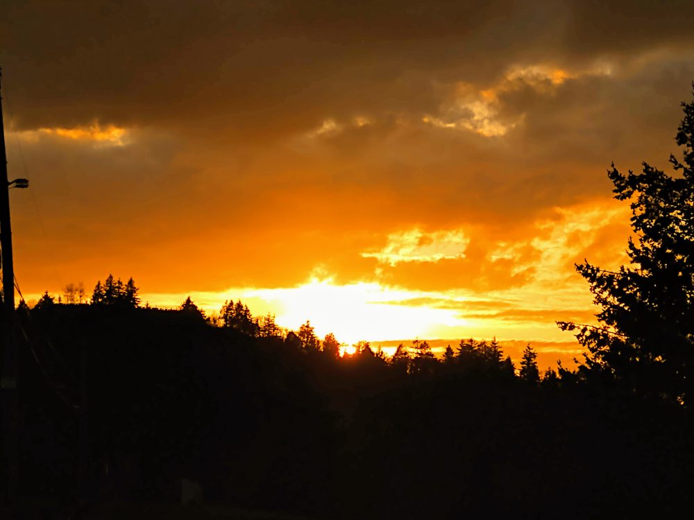 A landscape photograph of the sun low on the horizon with clouds.