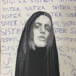 Black text that reads Doña Arca in top left corner. The word sister, written in dark blue creates a background, on top of the text is a black and with drawing of musician, Arca.