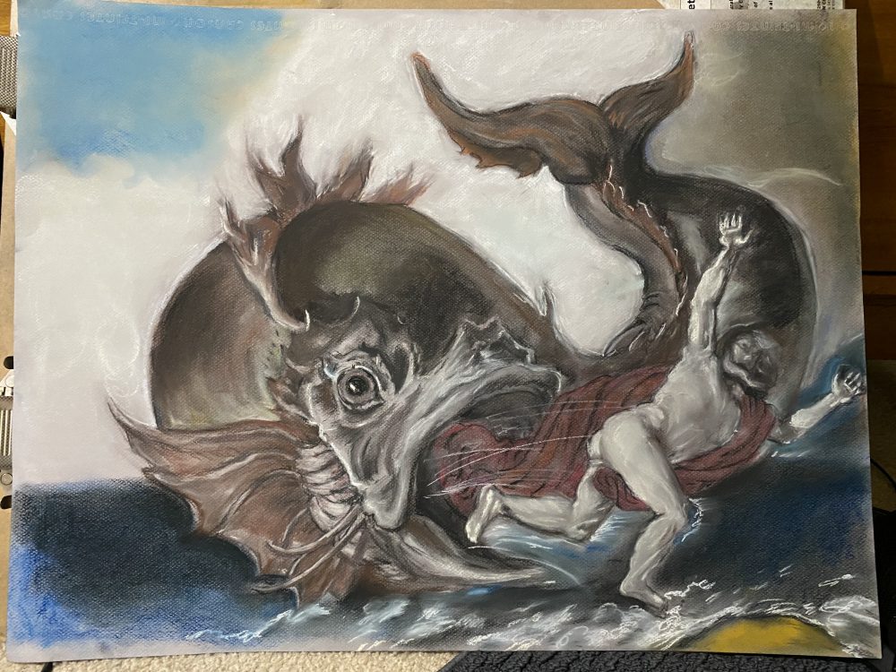 Giant fish spitting out a male form.