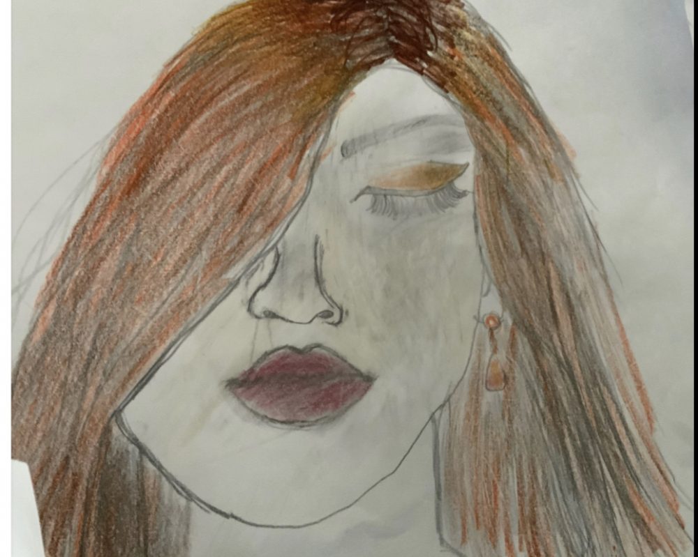 Drawing of a woman's face with shoulder length hair covering her left eye and red lips.