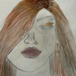 Drawing of a woman's face with shoulder length hair covering her left eye and red lips.