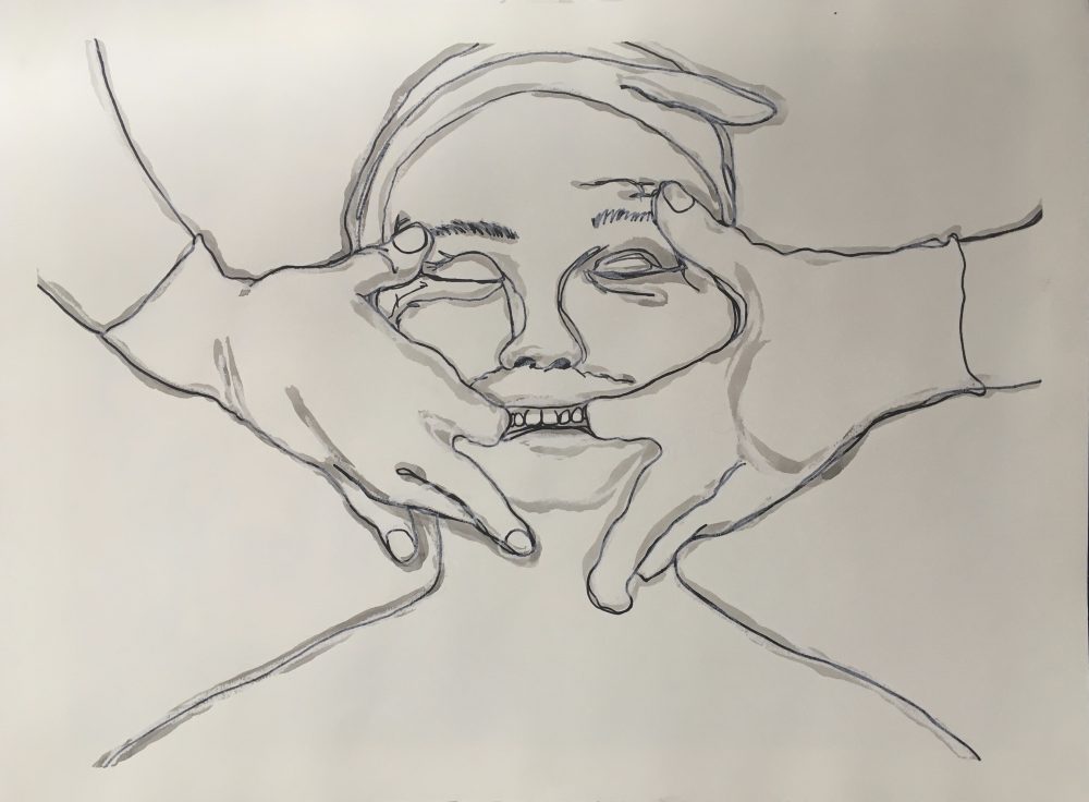 A drawing on a white background of a woman with a towel wrapped around her head with two hands reaching from above pulling on her face; the thumbs are placed on her eyebrows and the index fingers are pulling on the corners of her mouth