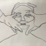 A drawing on a white background of a woman with a towel wrapped around her head with two hands reaching from above pulling on her face; the thumbs are placed on her eyebrows and the index fingers are pulling on the corners of her mouth