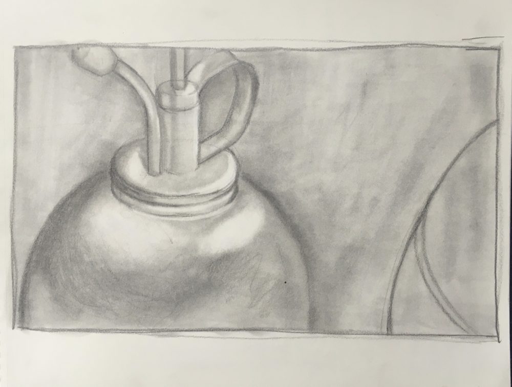 In a shaded rectangle, a metal watering can sits off to the left with a blank background, in the bottom right corner, a round shape is cut off so only part of it is visible.