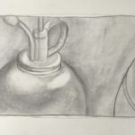 In a shaded rectangle, a metal watering can sits off to the left with a blank background, in the bottom right corner, a round shape is cut off so only part of it is visible.