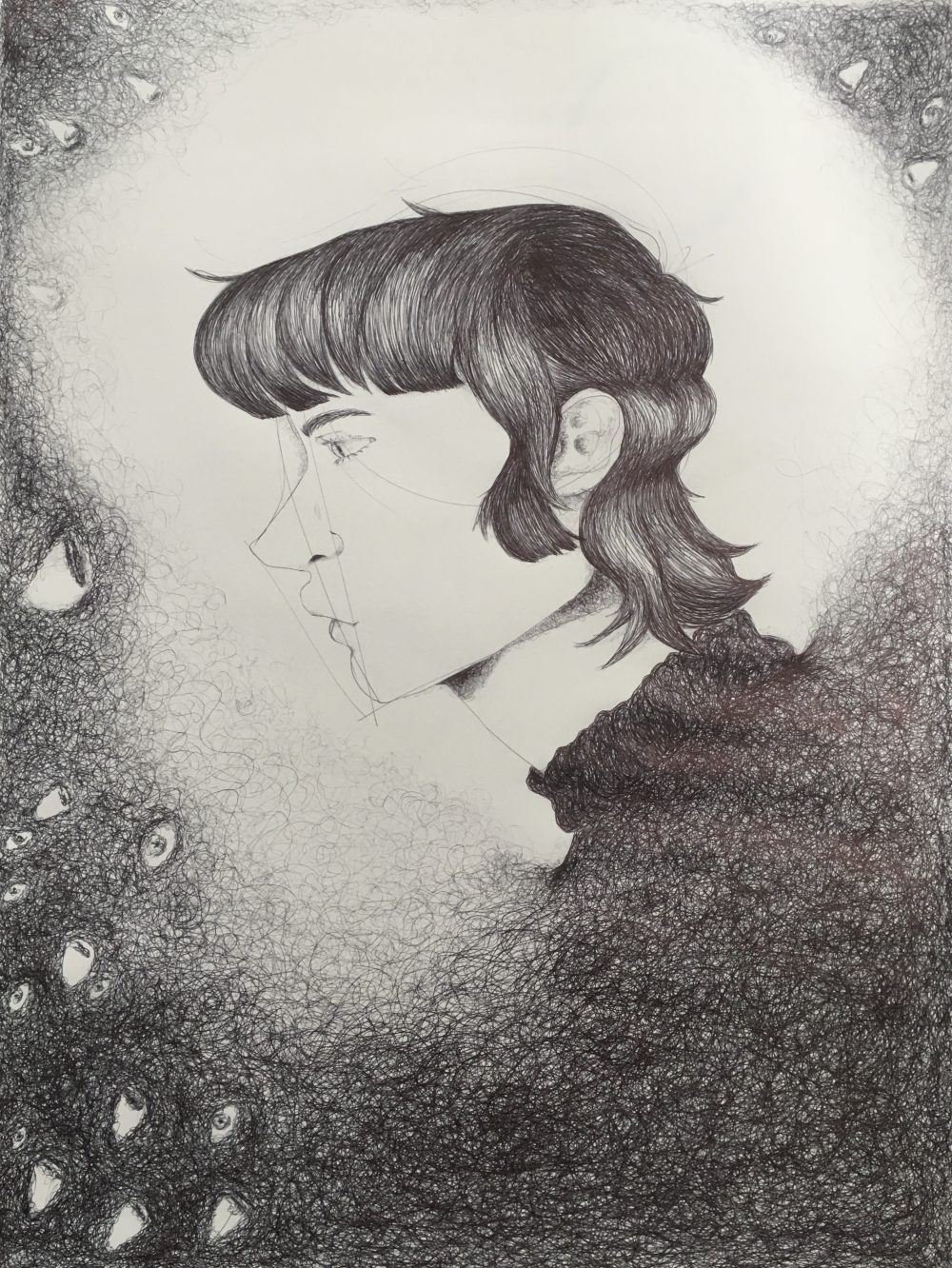 A pen drawing in black of a figure with short black hair facing the side, their shirt fading into a swirly web that fills all four corners of the page, but leaves the center behind the figure blank, in the corners there are small eyes made by the web that look in varying directions.