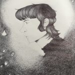 A pen drawing in black of a figure with short black hair facing the side, their shirt fading into a swirly web that fills all four corners of the page, but leaves the center behind the figure blank, in the corners there are small eyes made by the web that look in varying directions.