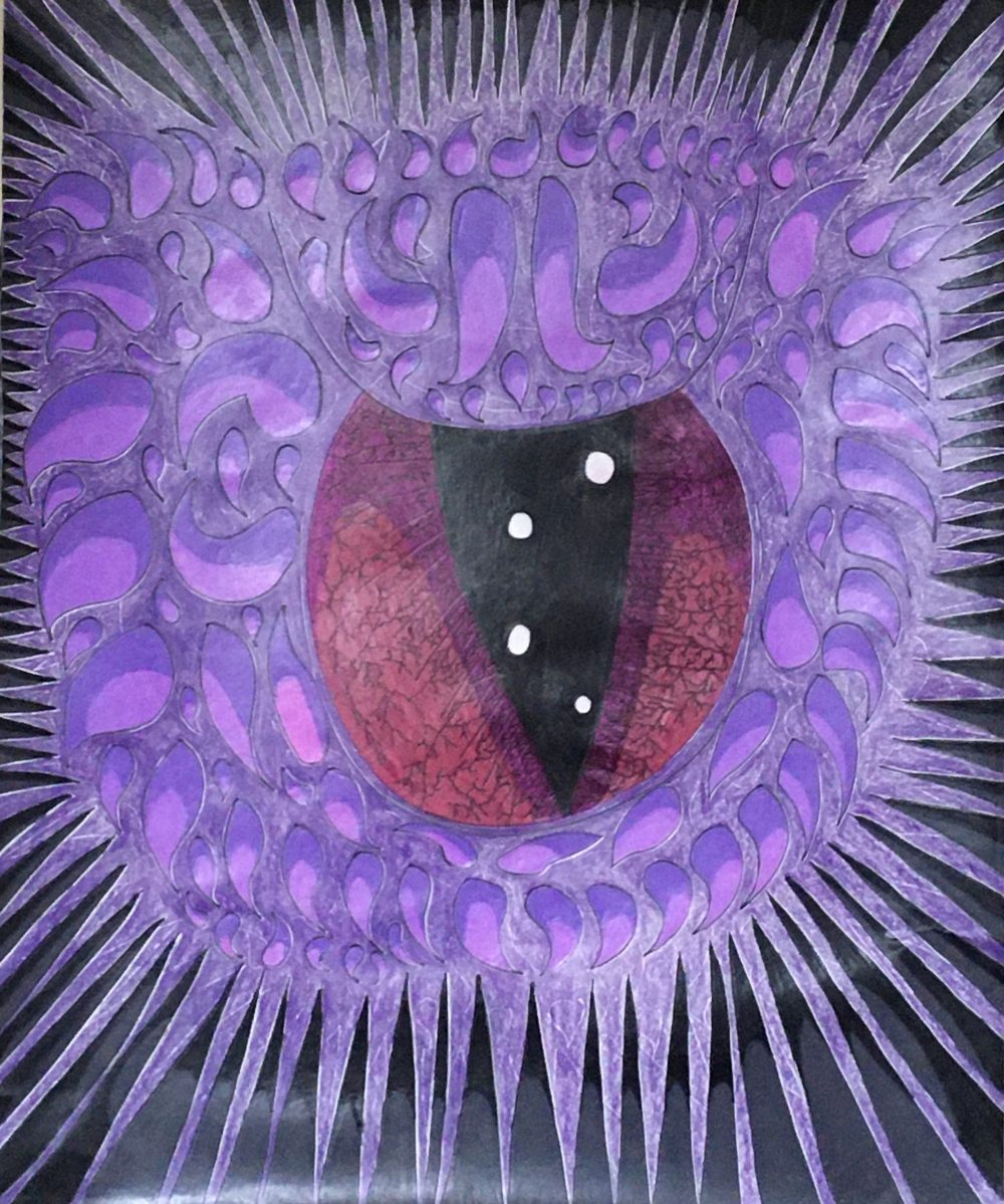 An eye surrounded by scales and spikes, in a dark plane.