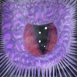 An eye surrounded by scales and spikes, in a dark plane.