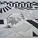 Black and white drawing of fish in a fish bowl, patterns and a UFO.