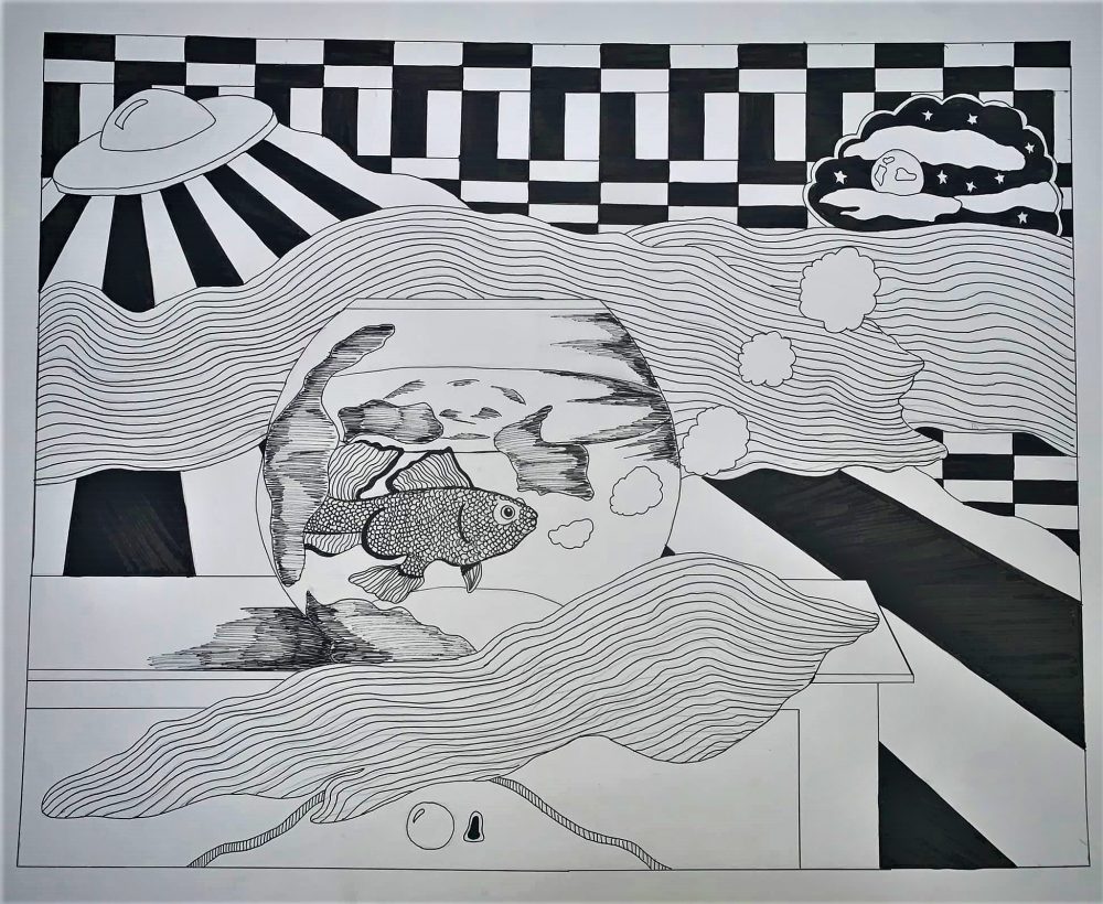 Black and white drawing of fish in a fish bowl, patterns and a UFO.