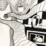 A drawing in black and white that includes a white cat, small line details and checkered patterns including inanimate objects such as a plant, sink, and a toy mouse.