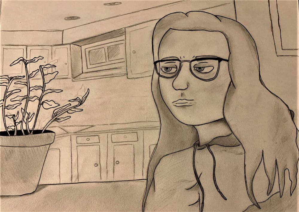 Pencil drawing of girl with glasses sitting at a table with a plant, with the background being her kitchen.