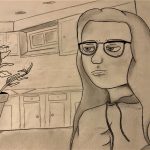 Pencil drawing of girl with glasses sitting at a table with a plant, with the background being her kitchen.