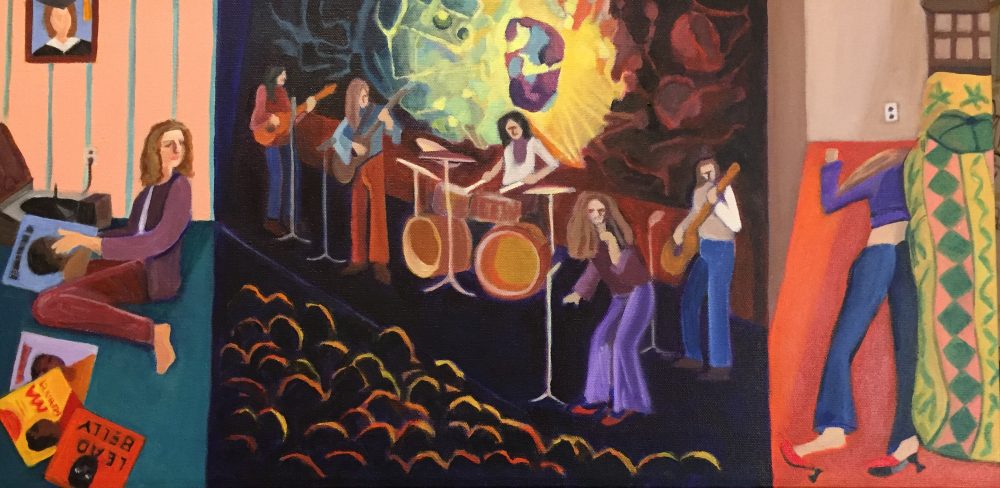 Painting divided into three sections: 1) a young Janis Joplin listening to the music that influenced her 2) a 60s rock concert and light show performance with Big Brother and the Holding Company 3) a depiction of Janis found dead in her hotel room in October 1970.