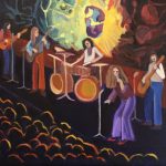 Painting divided into three sections: 1) a young Janis Joplin listening to the music that influenced her 2) a 60s rock concert and light show performance with Big Brother and the Holding Company 3) a depiction of Janis found dead in her hotel room in October 1970.